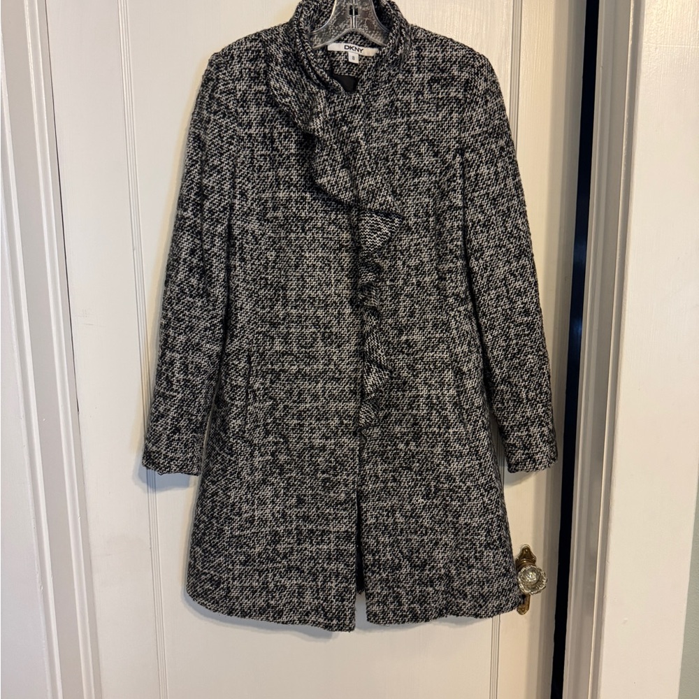 DKNY Charcoal and White Tweed Trench Coat